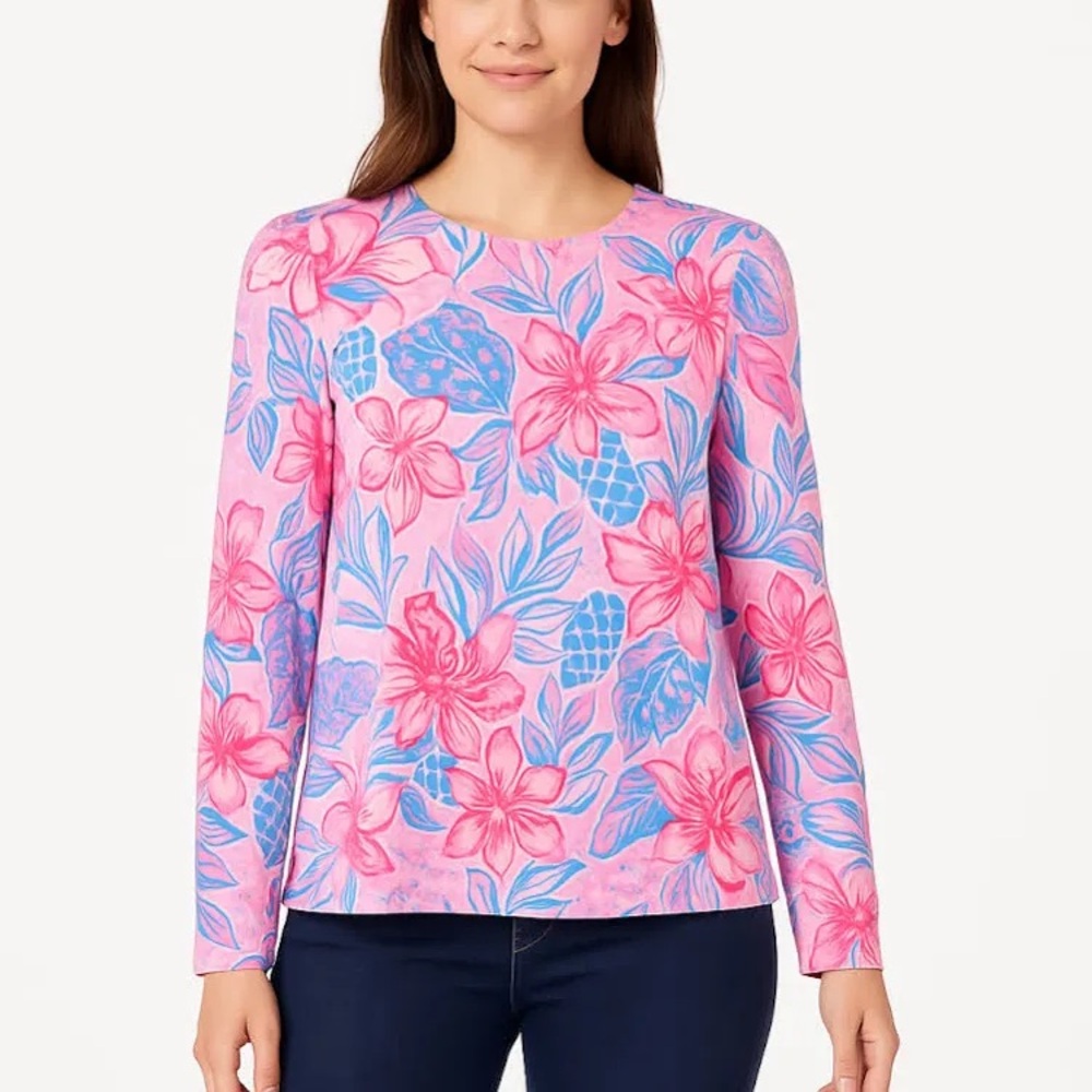 NWT LILLY PULITZER JANSEN SWEATER Floral Pink and Blue Women's Top SIZE LARGE
